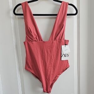 Zara Pink Bodysuit with Plunging V-Neckline